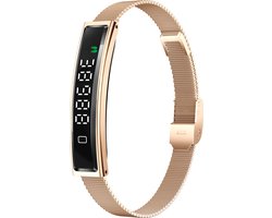 Knobbout Smart Armband – 4.5*1cm screen- Kleurenscherm, Hartslag-, Bloedzuurstof-, Stress- & Slaapmonitor, Sportmodi, Oproep- & Berichtmeldingen, Vrouwen Cyclus, Afstandsbediening Camera, Waterbestendig - Rosegouden staal +Silicone band