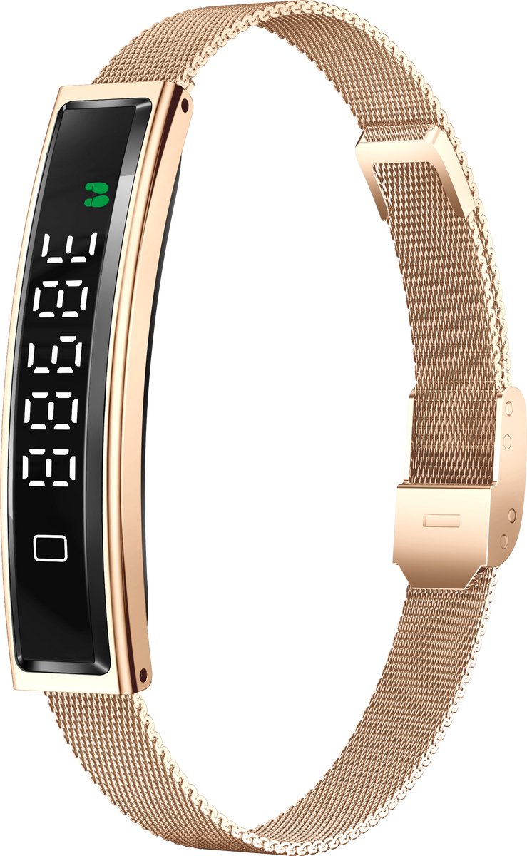 Knobbout Smart Armband – 4.5*1cm screen- Kleurenscherm, Hartslag-, Bloedzuurstof-, Stress- & Slaapmonitor, Sportmodi, Oproep- & Berichtmeldingen, Vrouwen Cyclus, Afstandsbediening Camera, Waterbestendig - Rosegouden staal +Silicone band