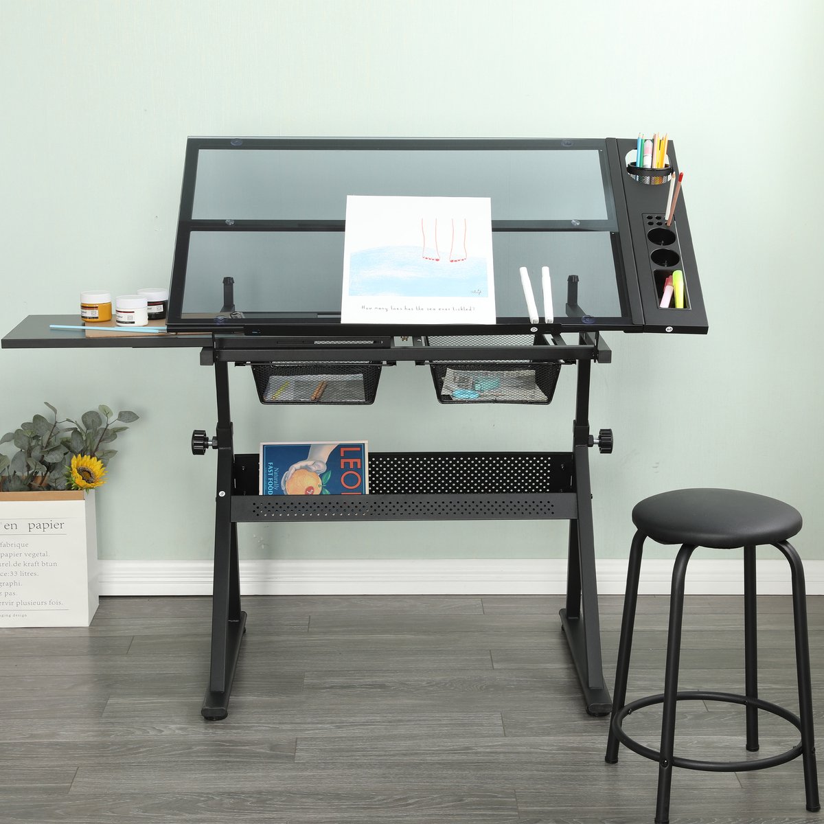 MODFU Tekentafel Met Kruk - Kantelbaar Glazen Blad - Met Laden En Opbergrek - MDF En Metaal - Zwart