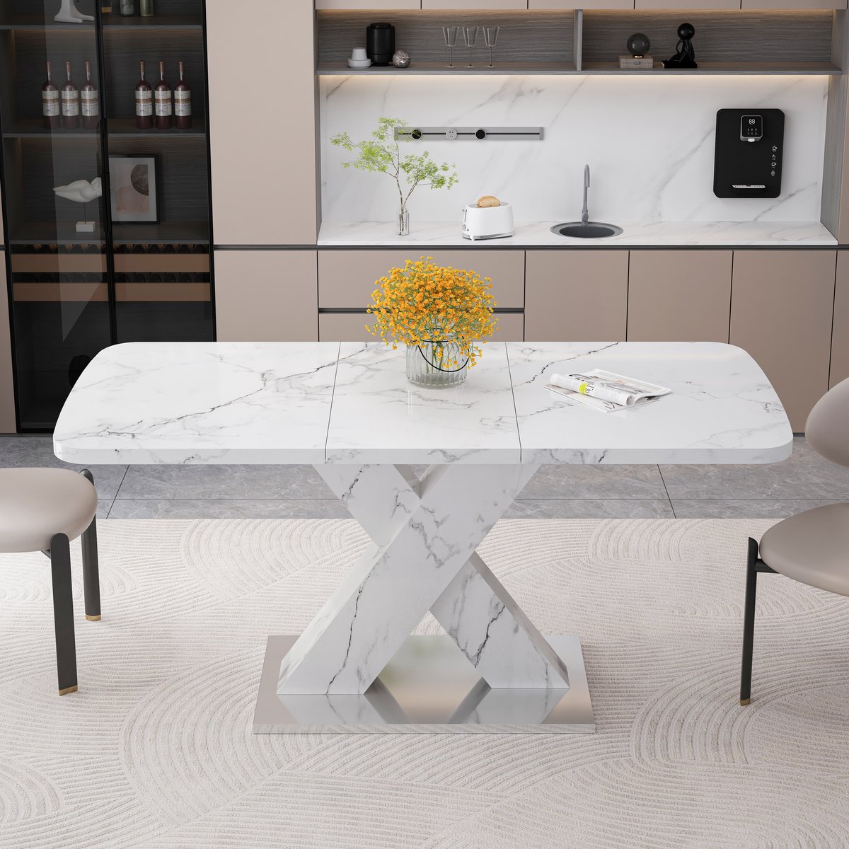 MODFU Rechthoekige Uitschuifbare Eettafel - X-Vormig Onderstel - Modern - MDF En Staal - Wit - 120-160 X 80 X 76,5 Cm