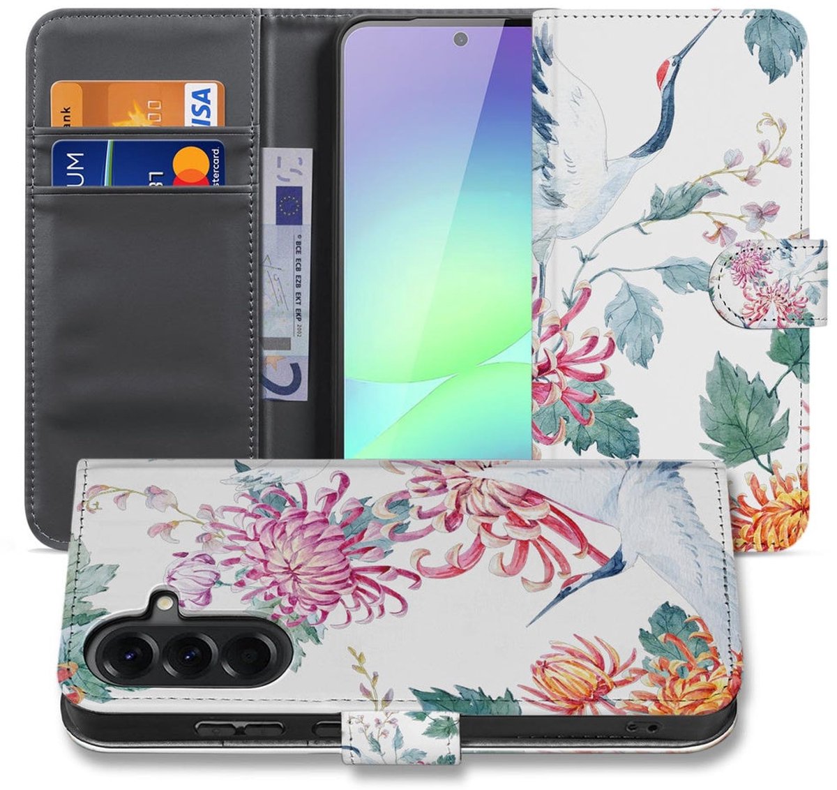 Samsung Galaxy A37 Book Case Hoesje Bird Flowers Print Portemonnee Hoesje