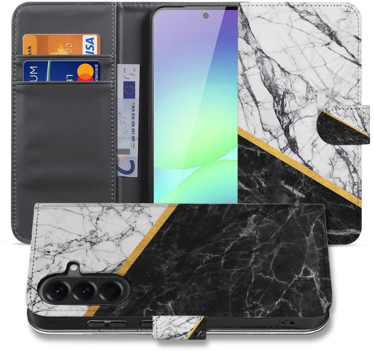 Samsung Galaxy A37 Book Case Marmer Wit Zwart Gouden Lijn met Pasjeshouder