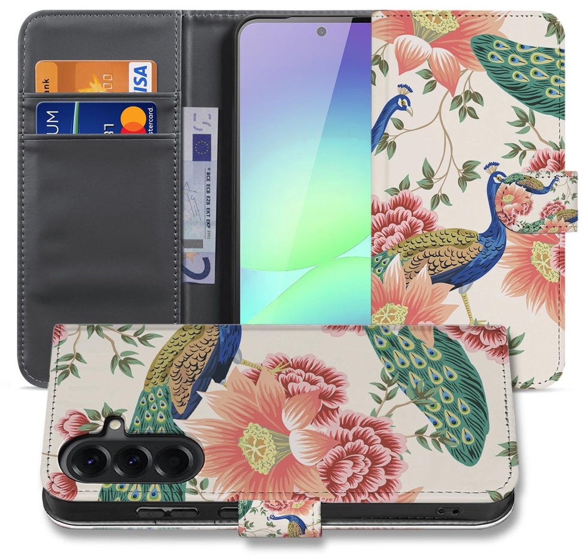 Samsung Galaxy A37 Portemonnee Hoesje Pink Peacock met Pasjeshouder