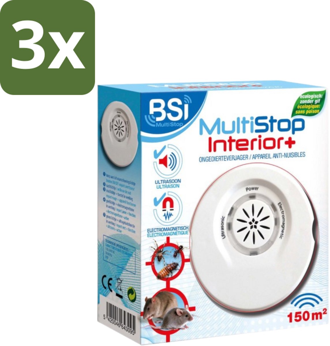 BSI – Multistop Interior Plus – Ultrasone Ongedierteverjager – Bereik tot 150 m² - Bulkverpakking - 3 stuks