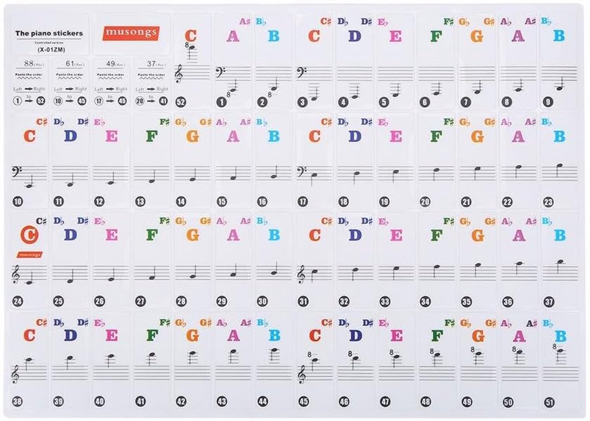 Piano Toetsen Stickers - Labels Noten - Beginner Leren - Transparant Verwijderbaar - 61 88 Toetsen - Gekleurd