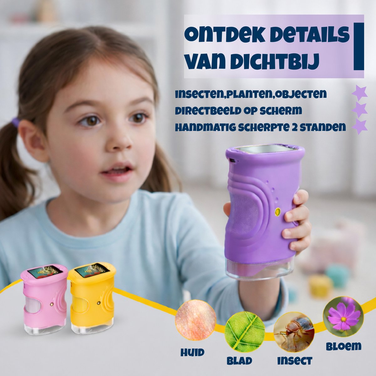 DUTCHPOWER Digitale Microscoop 1000x-4K-voor Kinderen – Draagbare Handmicroscoop met Foto & Video – STEM Educatief Speelgoed voor Ontdekken in Tuin en Natuur – Geschikt voor 4 t/m 12 jaar-paars — afbeelding 8