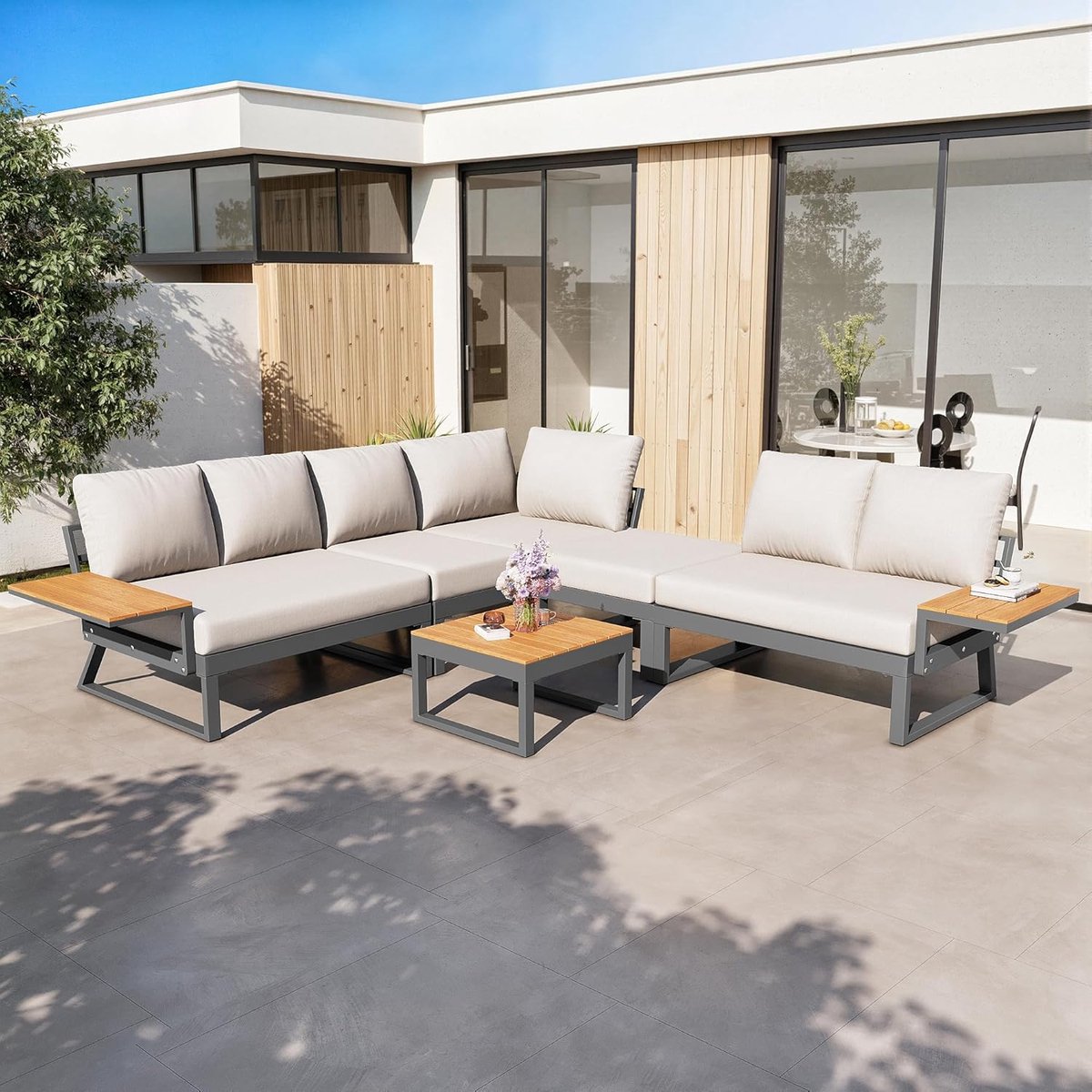 Luxe Modulaire 6-7 Persoons Tuin Loungeset L-vorm met Tafel en Krukken – Weerbestendig IJzeren Frame & WPC Houten Details, Comfortabele 10 cm Kussens, Terras & Patio Set