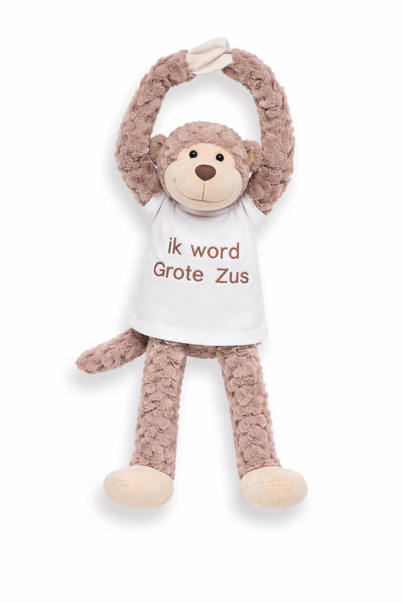 Knuffel Aap met Geborduurd Shirt “Ik word grote zus” – Zwangerschap Aankondiging – Cadeau Grote Zus – Knuffel met Tekst – Baby Aankondiging – slinger aap