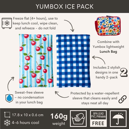 Yumbox gel koelelement Duo - 4/6 uren koud - herbruikbaar - 2 designs - Vichy & Kers van Merkloos — afbeelding 4