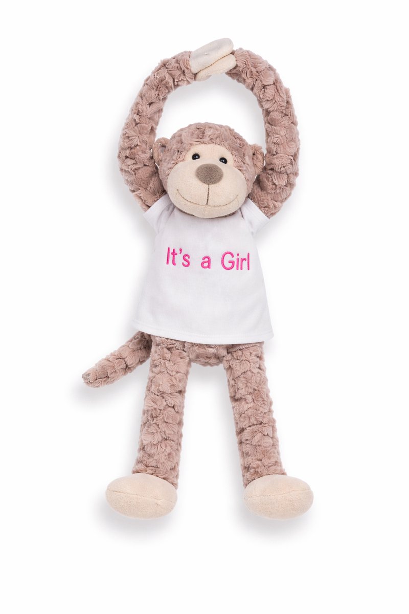 Knuffel aap origineel en lief kraamcadeau – Dit schattige knuffelaapje met de tekst “It’s a Girl” is een perfecte verrassing – Gender Reveal Cadeau – Baby Aankondiging Meisje – Geboorte cadeau meisje – slinger aap