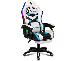 Gamestoel, 12 RGB LED-kleurenafstandsbediening, armleuningen met schuifrail, intrekbare voetsteun, B-punt massage verstelbaar kussen