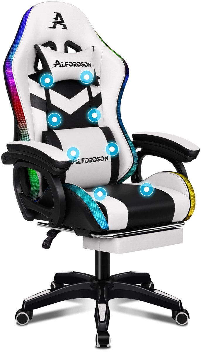 Gamestoel, 12 RGB LED-kleurenafstandsbediening, armleuningen met schuifrail, intrekbare voetsteun, B-punt massage verstelbaar kussen