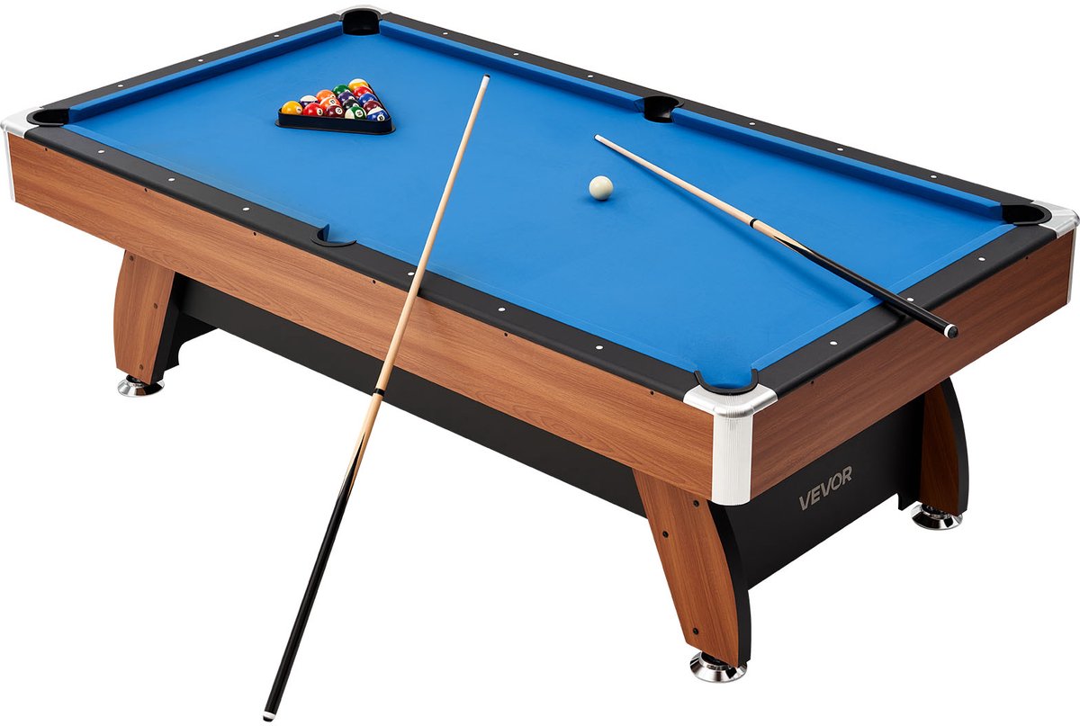 VEVOR Pooltafel 244cm met Houten Blad, Moderne Speeltafel met Verstelbare Poten, Complete Set Inclusief Ballen / Keuen / Standaard / Krijt / Borstel, Blauw