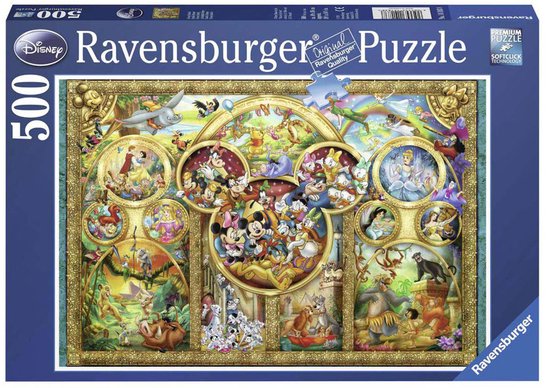 Boîte de puzzle Ravensburger 500 pièces Disney avec cadre doré, Mickey Mouse au centre, et scènes de films classiques.