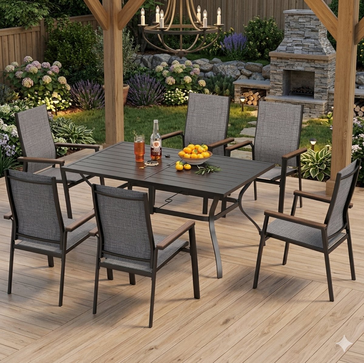 Tuinset 6 Personen 152x96x71 cm – Polyrotan Tuintafel met 6 Stoelen & Verstelbaar Parasolgat – Weerbestendige Dining Set voor Tuin & Terras – Urbanhome