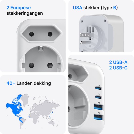 Gedetailleerde Voomy reisstekker met 2 Europese stopcontacten, 2 USB-A, 2 USB-C en Type B stekker voor de VS.