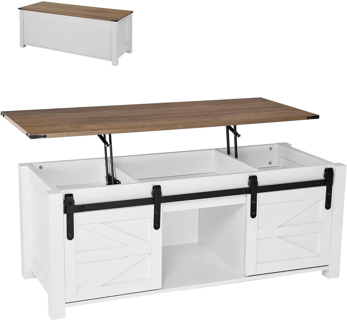Vevor Lift Top Salontafel 120cm, Rustieke Salontafel met Barndeur en Verborgen Opbergvak, Modern Rechthoekig Lift Top voor Woonkamer Kantoor Thuis, Woonkamertafel, Banktafel, Wit Wit-Rustiek Bruin