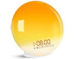 Wake Up Light wekker met zonsopgang-/zonsondergangsimulatie, twee alarmtijden, 7 natuurgeluiden, FM-radio en snooze-functie voor volwassenen en kinderen (Energieklasse F)