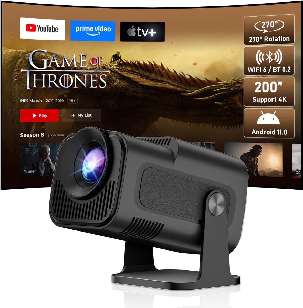 Mini Beamer - Draagbare Projector - Thuisbioscoop - Automatische Correctie - 200 inch Beeld - Zwart