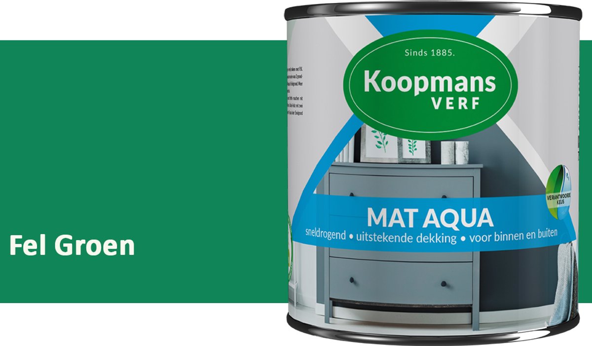 Koopmans Mat Aqua – Matte Lakverf – Streeploze Verf – Voor Deuren, Kozijnen & Meubels – Fel Groen – 750 ml