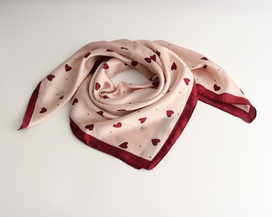 Nicole Bandana - Dames - Roze/bordeaux rood - Hartjes - Satijn Look - 70x70 Cm