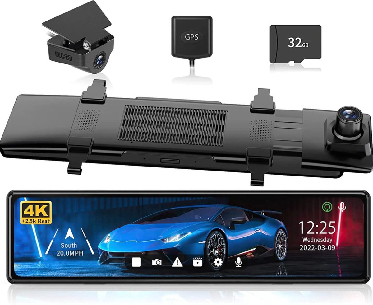 RedTiger T27 Spiegel Dashcam voor auto - Ultra 4K & 2,5K - Voor en Achter camera - WiFi en GPS - 12 Inch - Sony Camerasysteem - Nachtzicht - Parkeerbewaking - met Parkeerhulp - G Sensor - Loop opname - Full HD