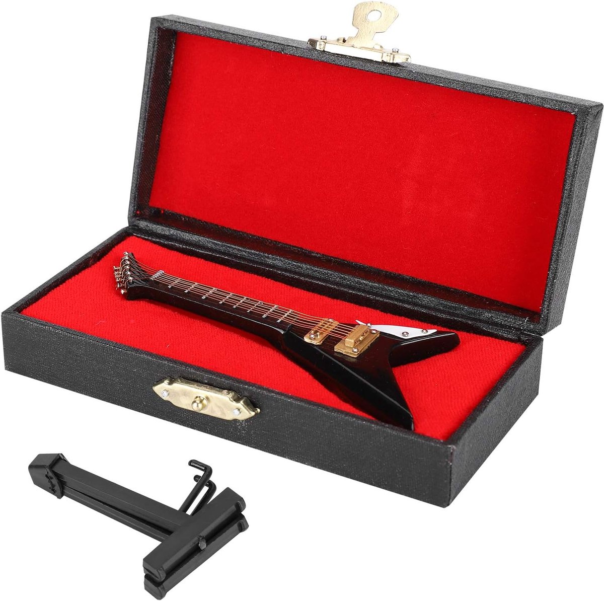 Miniatuur Gitaar - Muziekinstrument Model - Poppenhuis Decoratie - Inclusief Standaard - 10 cm Hoog - Zwart