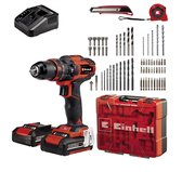 Set met Einhell accuklopboormachine, twee accu's, oplader, koffer en vele accessoires.