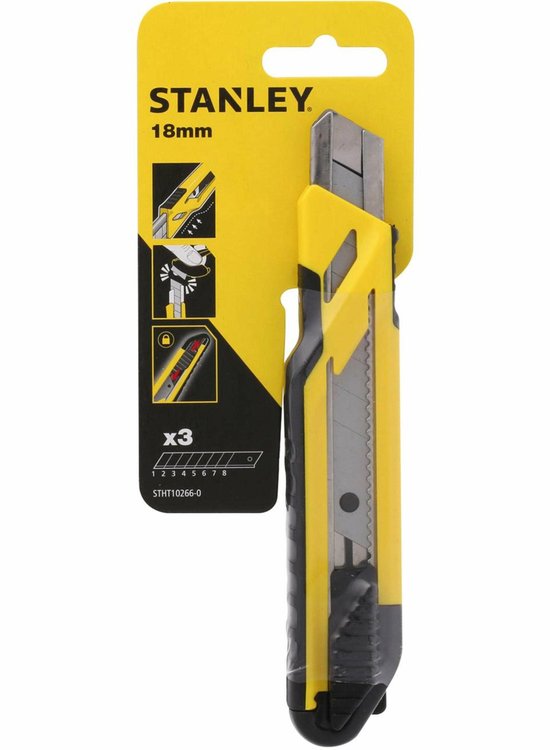 Verpakking stanley mes 18mm geel met zwarte handgreep en 3 mesjes.