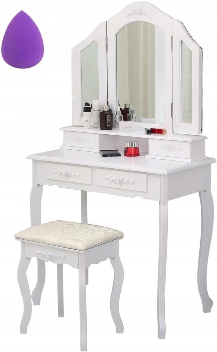Kaptafel met spiegel - Make-up tafel - Make-up aanbrengen - Inclusief krukje - 75x40 cm - Wit