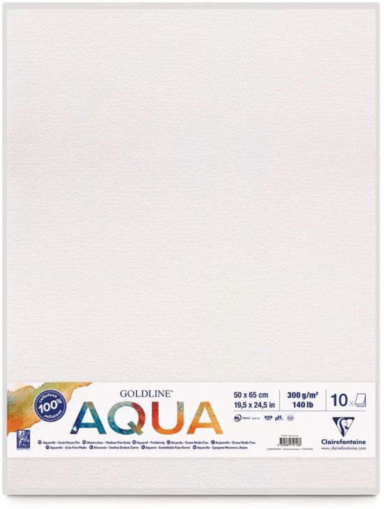 Goudlijn AQUA aquarelpapier, 50 x 65 cm, 300 g/m², 10 vel. Wit papier met textuur.