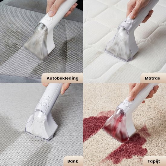 Toont reiniging op autobekleding, matras, bank en tapijt met een witte vlekkenreiniger.