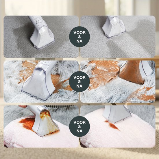 Collage toont reinigingsresultaten op verschillende stoffen, zoals bank, tapijt en kussen.