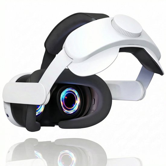 Witte en zwarte T1 Elite Head Strap voor VR-bril, met verstelbare hoofdband.