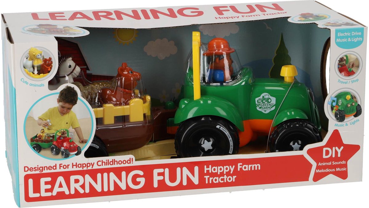 KiddyGo tractor speelgoed met dieren en licht en geluid aanhanger.