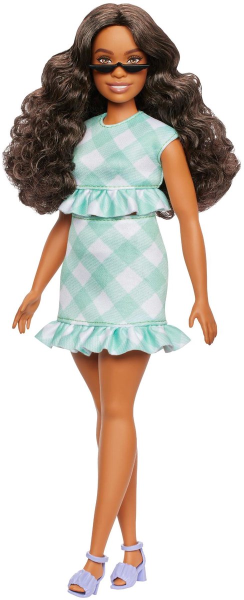 Barbie Pop - Pop met Donkerbruin haar en groen geruit jurkje - Modepop — afbeelding 4