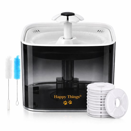 Happy Things Drinkfontein Hond en Kat - Incl 10 Filters - Geruisloos - 2.2 L - Transparant Zwart met Goud