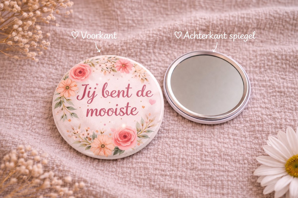 Jij Bent De Mooiste Spiegel 58mm – Bloemen Design – Compact Zakspiegeltje – Lief Cadeau