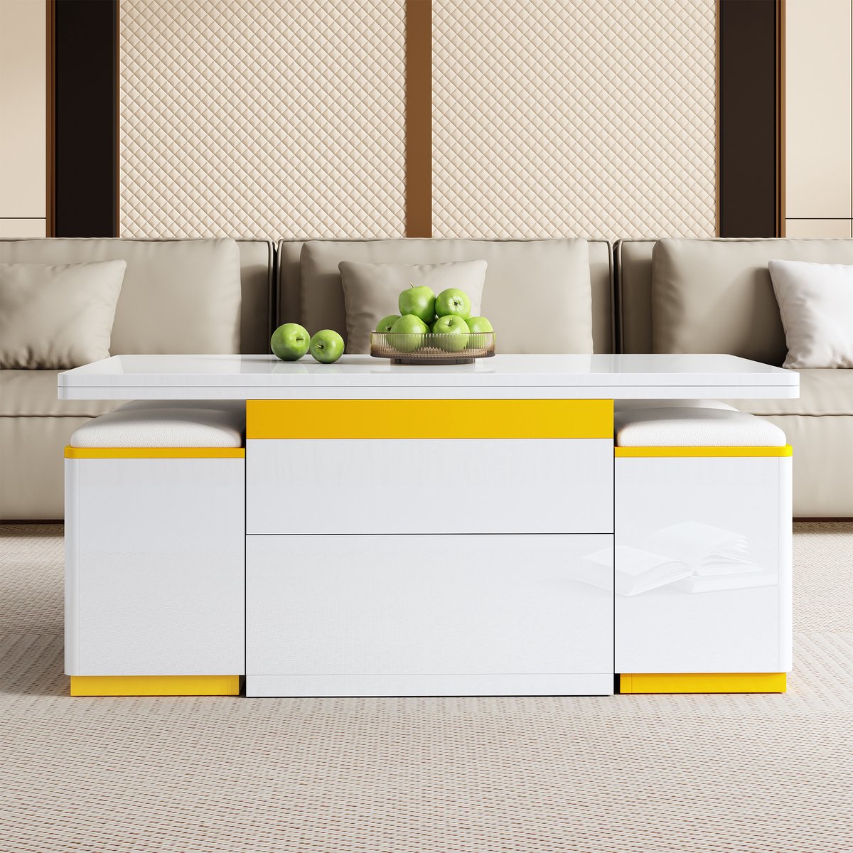 MODFU Salontafel - Opklapbaar En In Hoogte Verstelbaar - Modern - Met 4 Opbergkrukken - MDF - Wit En Geel - 100 X 50 X 43 Cm