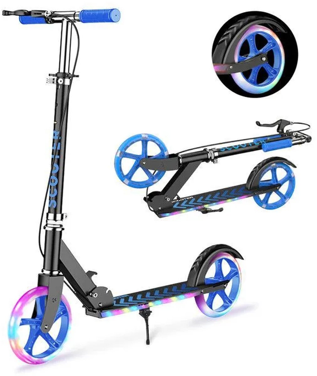 Opvouwbare Step - 20 cm wielen - Stuur in 4 Hoogtes verstelbaar - Remmen voor en Achter - Voor kinderen en tieners tot 100 kg-Zwart en blauw