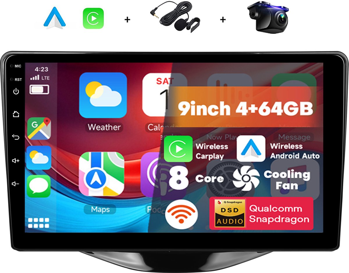 Boscer Autoradio Geschikt voor Toyota Aygo, Citroën C1 & Peugeot 108 (2015-2020) - Android 15 - 9 Inch HD Touchscreen - 8-Core Snapdragon 4+64GB - Interne Koeling - Apple CarPlay & Android Auto - GPS, WiFi, Bluetooth - Camera & Microfoon