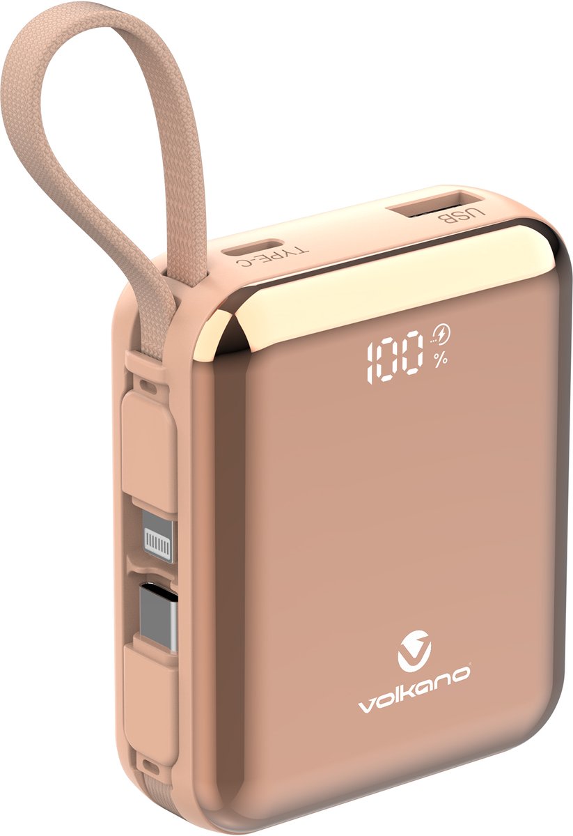 Volkano Solace - Powerbank 10000 mAh Ingebouwde Kabels - Powerbank - USB A, USB C en Lightning - Rosé Goud