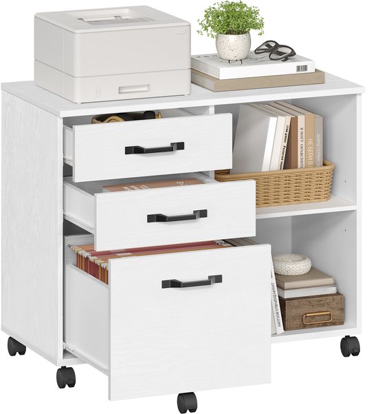 Witte archiefkast met 3 lades, open vakken, een printer, boeken en een plant.