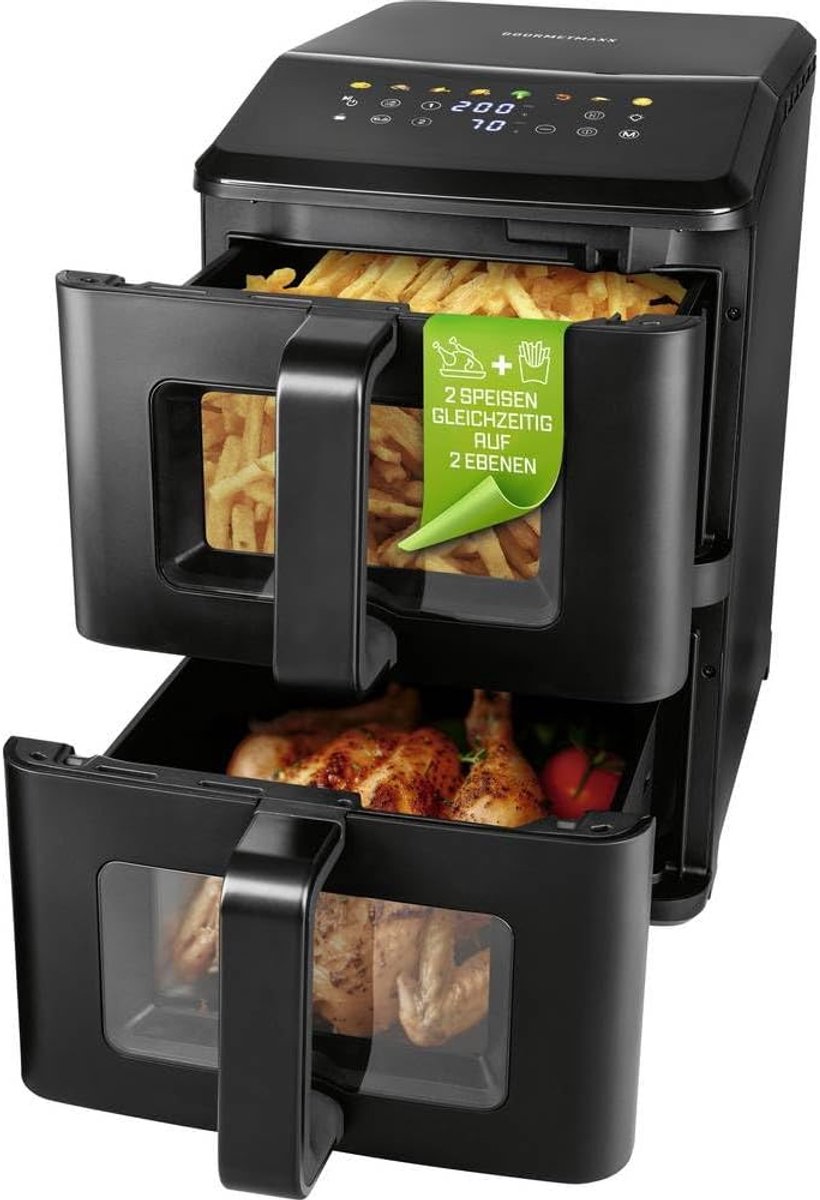 Verticale Heteluchtfriteuse - Airfryer Dubbele Kamer - Gezond Koken - Twee Kamers 10 Liter - 45x25x40 cm - Zwart
