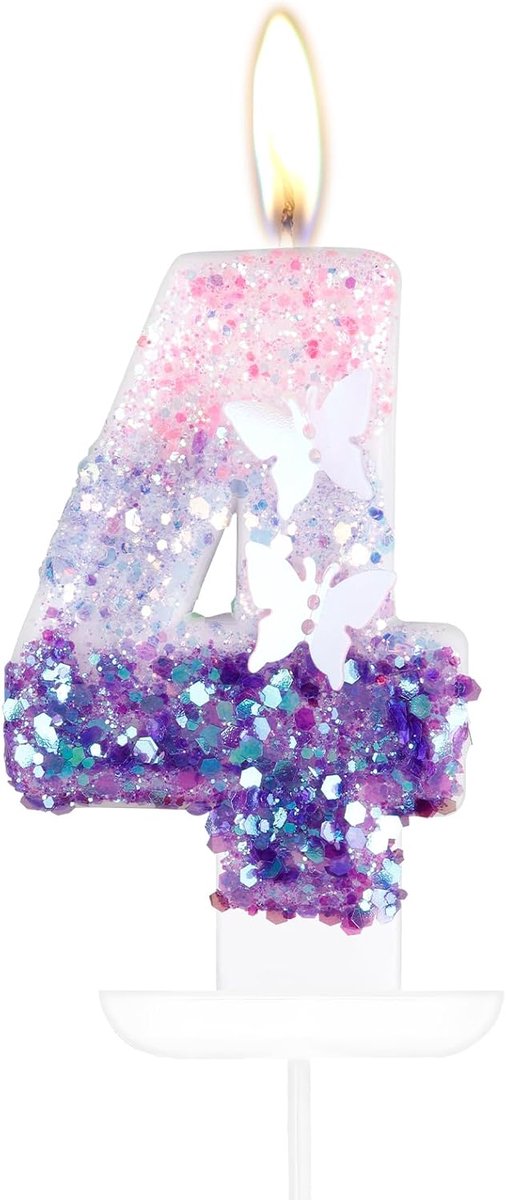 Nummer 4 Kaars - Vlinder Taartdecoratie - Verjaardagsfeest Versieren - Glitterende Vlinder Stijl - 7 cm Hoog - Paars Roze