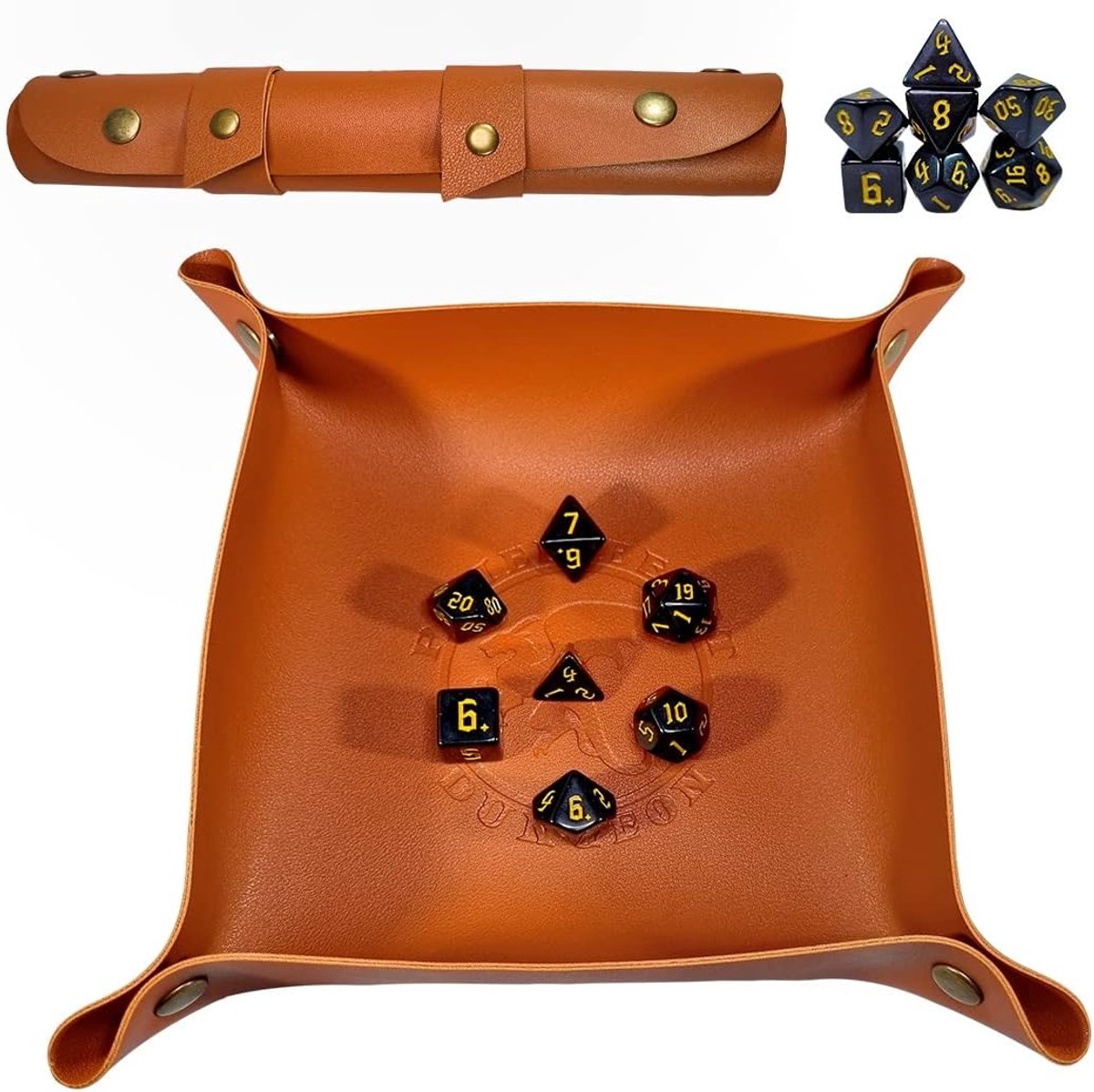 Dobbelmat met Dobbelstenen - Kubus-onderlegger Rolbord - Rollenspellen Spelen - Opvouwbaar met 7 Dobbelstenen - 25 x 25 cm - Bruin