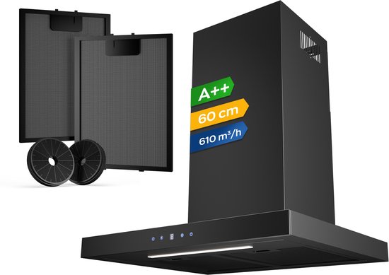 Zwarte afzuigkap met filters, 60 cm, energieklasse A++.