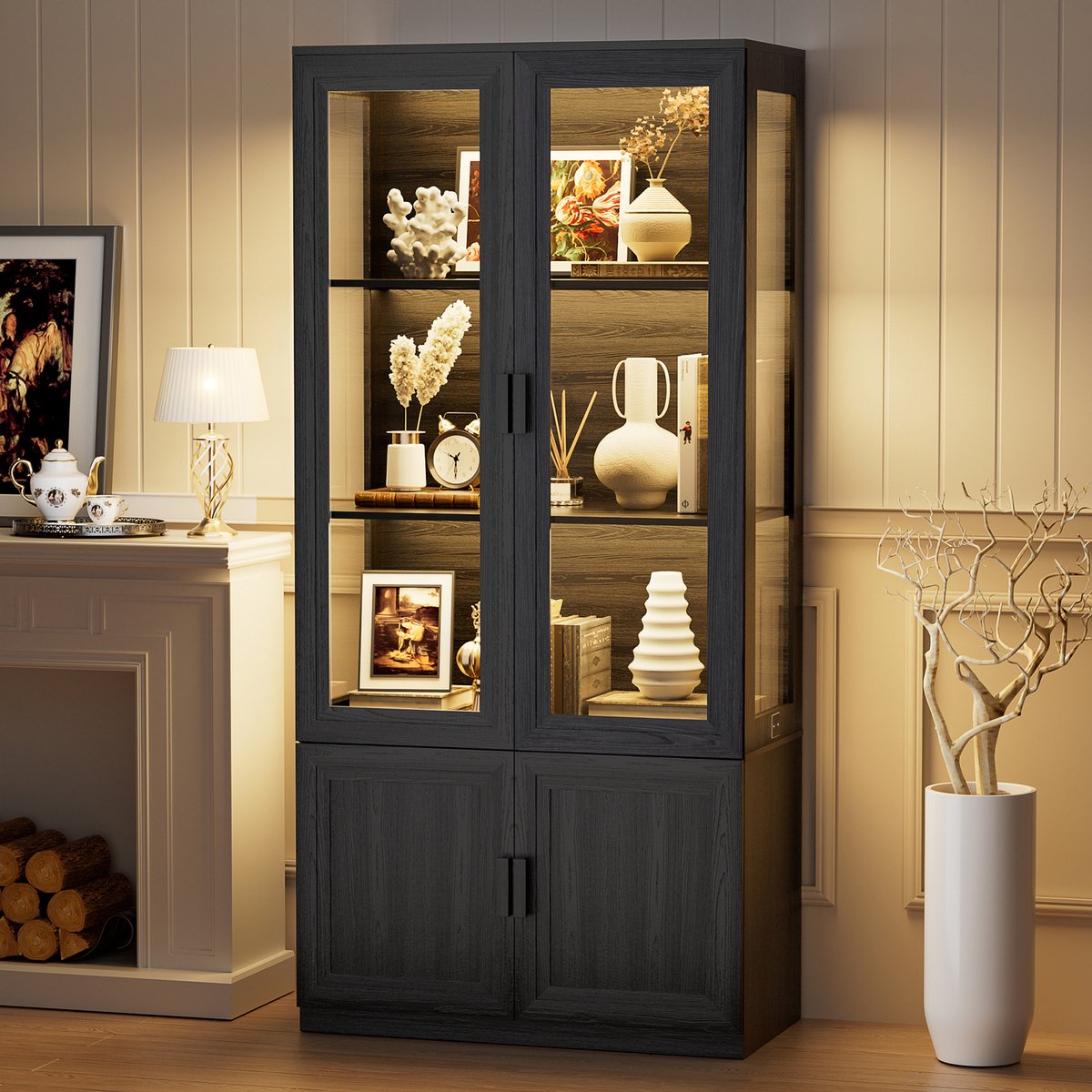 BROTTAR Hoekvitrine 40cm met deuren, 4-laags curiokast, 3-kleurig LED, bewegingssensor, hoekkast/boekenkast voor woonkamer, slaapkamer, kantoor