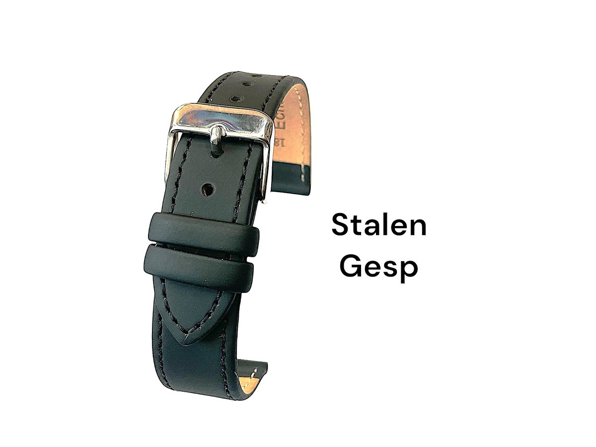 Horlogeband-horlogebandje-12mm-echt leer-zacht-mat-XL-zwart-stalen gesp- leer-extra lang-12 mm