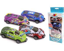 FLYPOP'S - 4 auto's Crash Racing - Wrijvingsvoertuig - 022887 - Veelkleurig - Metaal - Kinderspeelgoed - Cadeau - Miniatuur - Voertuig - 9 cm - Vanaf 3 jaar